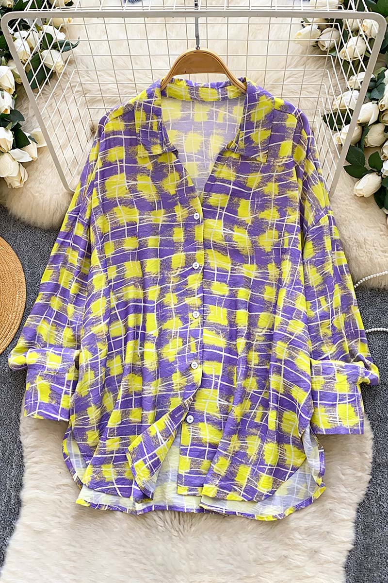Relaxed Fit Plaid Button-Up Blouse