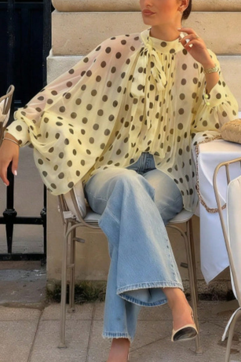 Polka Dot Ruffled Blouse with Flowing Sleeves