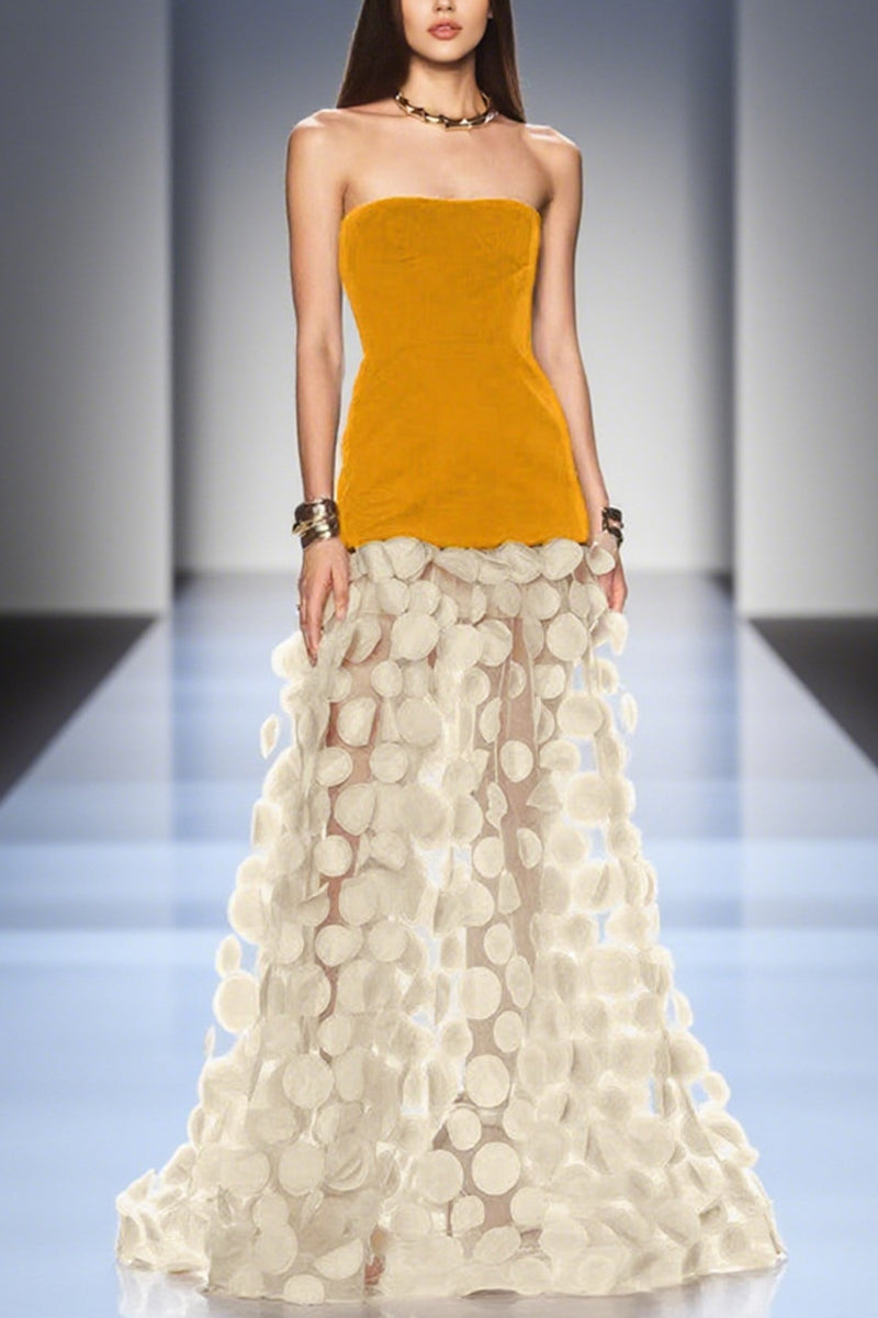 Strapless Sheer Polka Dot Evening Dress
