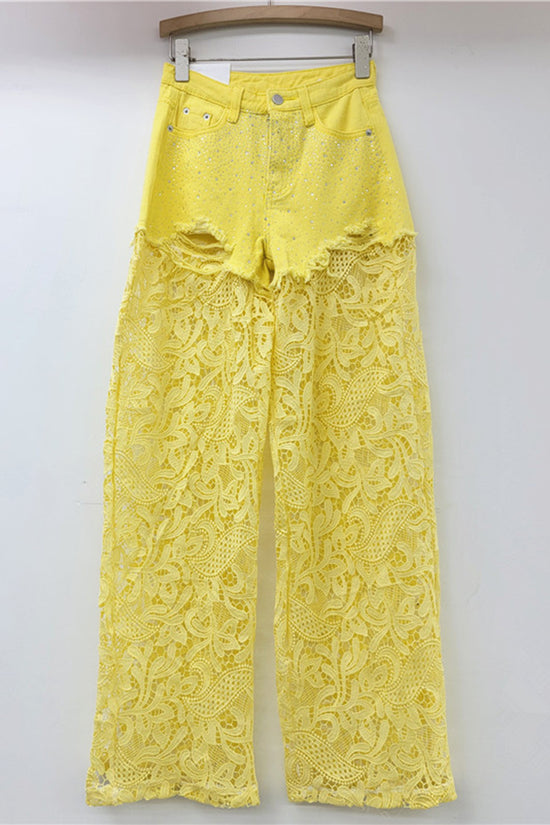 Lace Overlay Denim Casual Pants