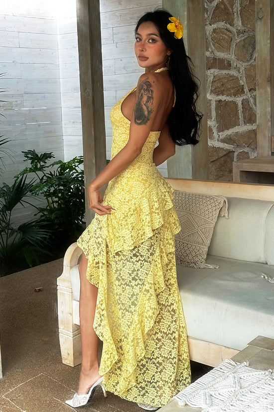 Lace Layered Ruffle Backless Maxi Dress