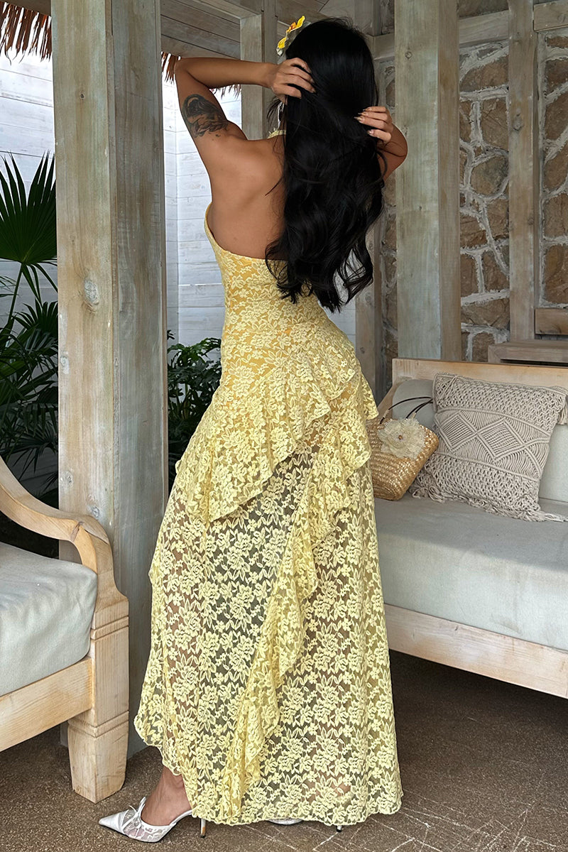 Lace Layered Ruffle Backless Maxi Dress