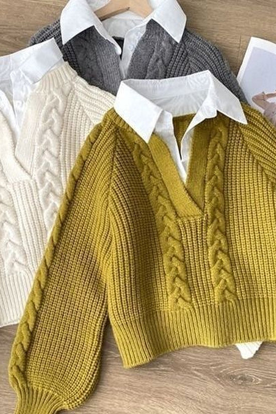 Cable Knit Collared V-Neck Sweater