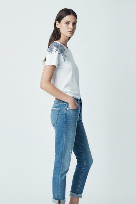 Floral Shoulder Embroidered T-Shirt