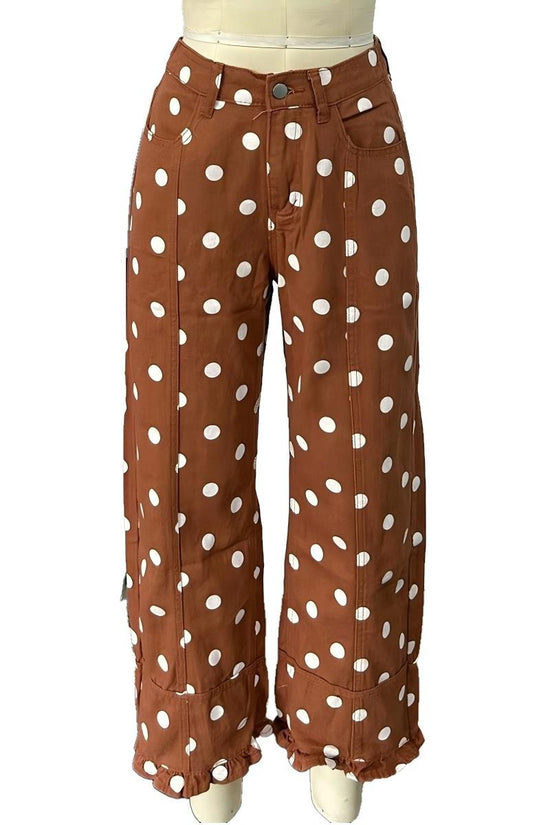 Polka Dot Ruffle Hem Baggy Jeans