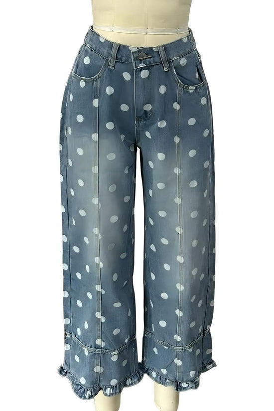 Polka Dot Ruffle Hem Baggy Jeans