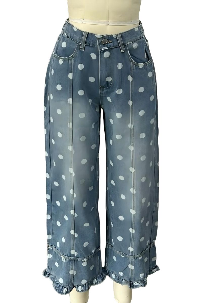 Polka Dot Ruffle Hem Baggy Jeans