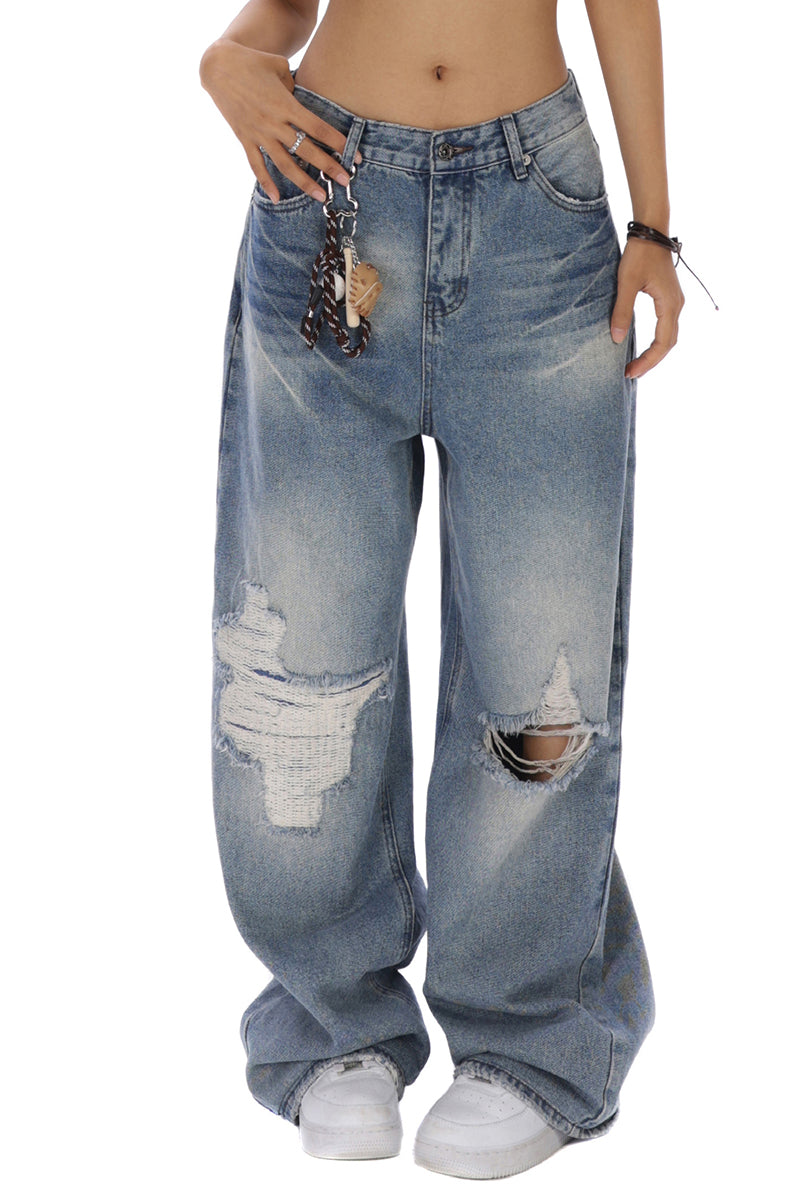 Relaxed Fit Faded Distressed Jeans