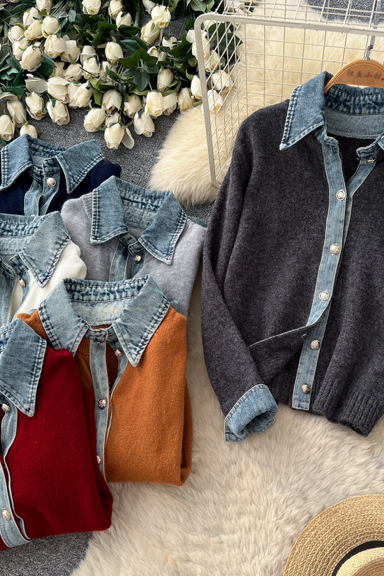 Denim Collar Button Front Knit Cardigan