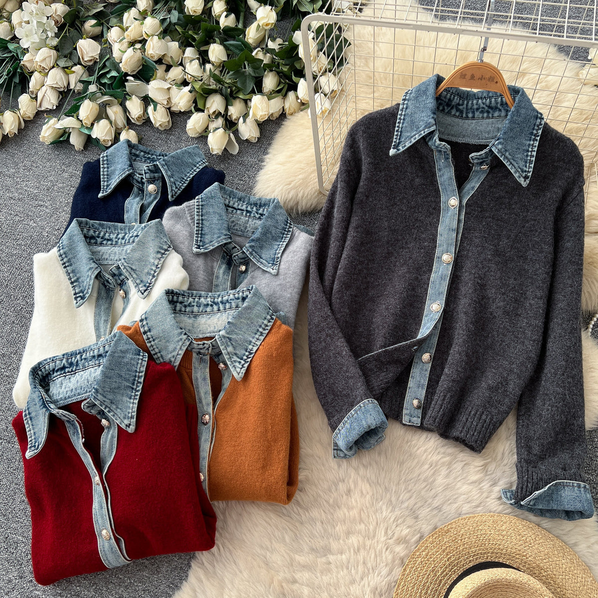 Denim Collar Button Front Knit Cardigan