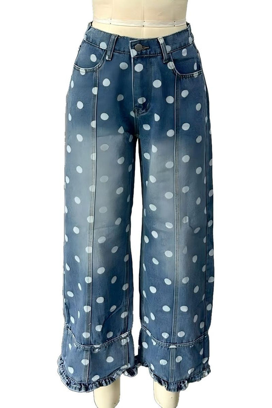 Polka Dot Ruffle Hem Baggy Jeans