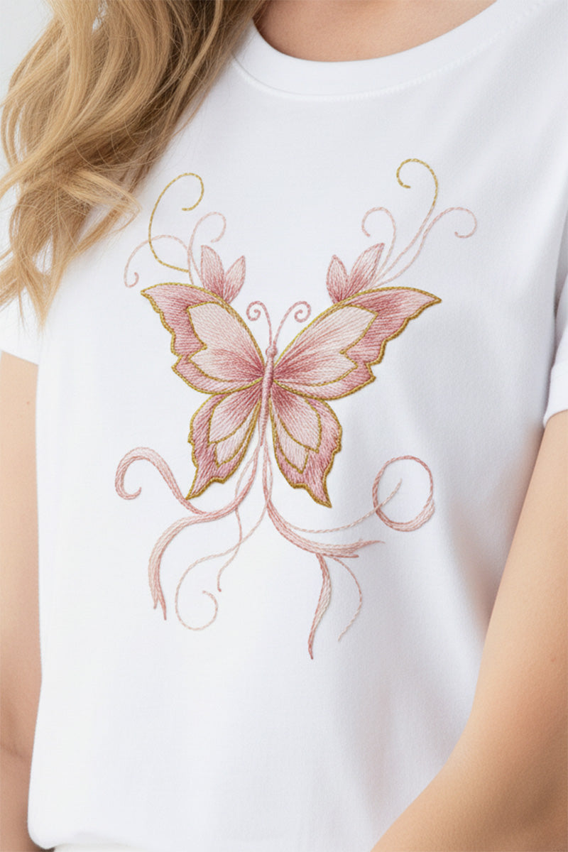 Blush Butterfly Embroidered T-Shirt